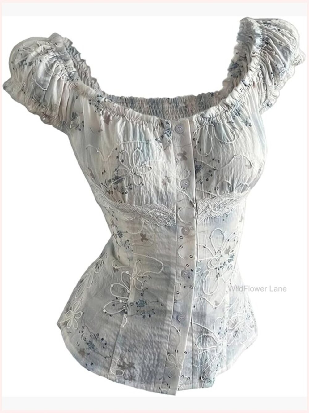 Floral Sequin Lace Blouse Scoop Neck Button Down Puff Sleeve Smocked Top